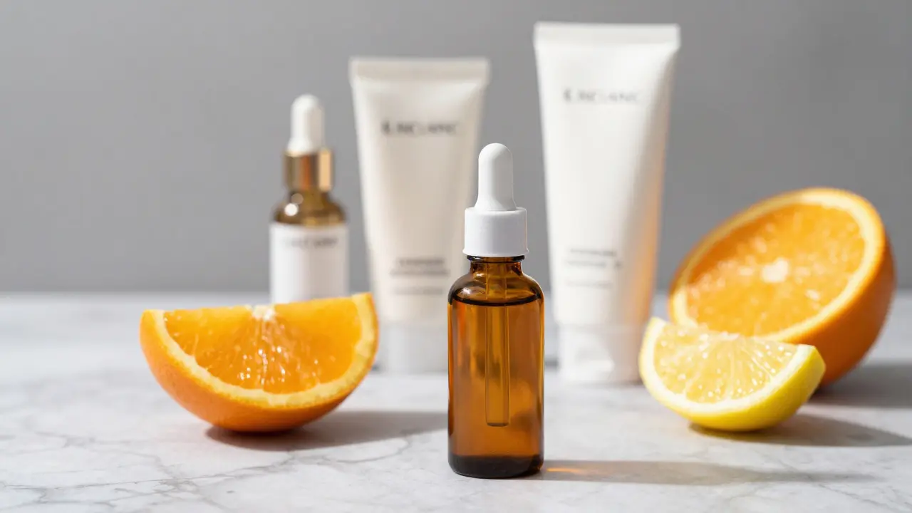 Lahev séra s vitamínem C vedle čerstvých citrusů na mramorovém povrchu