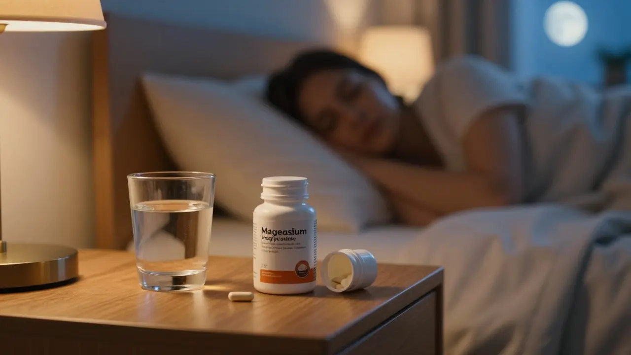 Magnesium supplements on nightstand for better sleep