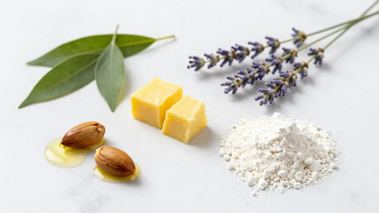 Přírodní ingredience jako arganový olej a levandule na bílém mramoru