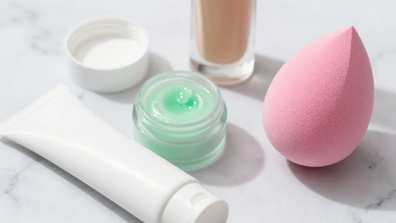 Produkt na péči o pleť: hydratační gel, zelený korektor a hubka