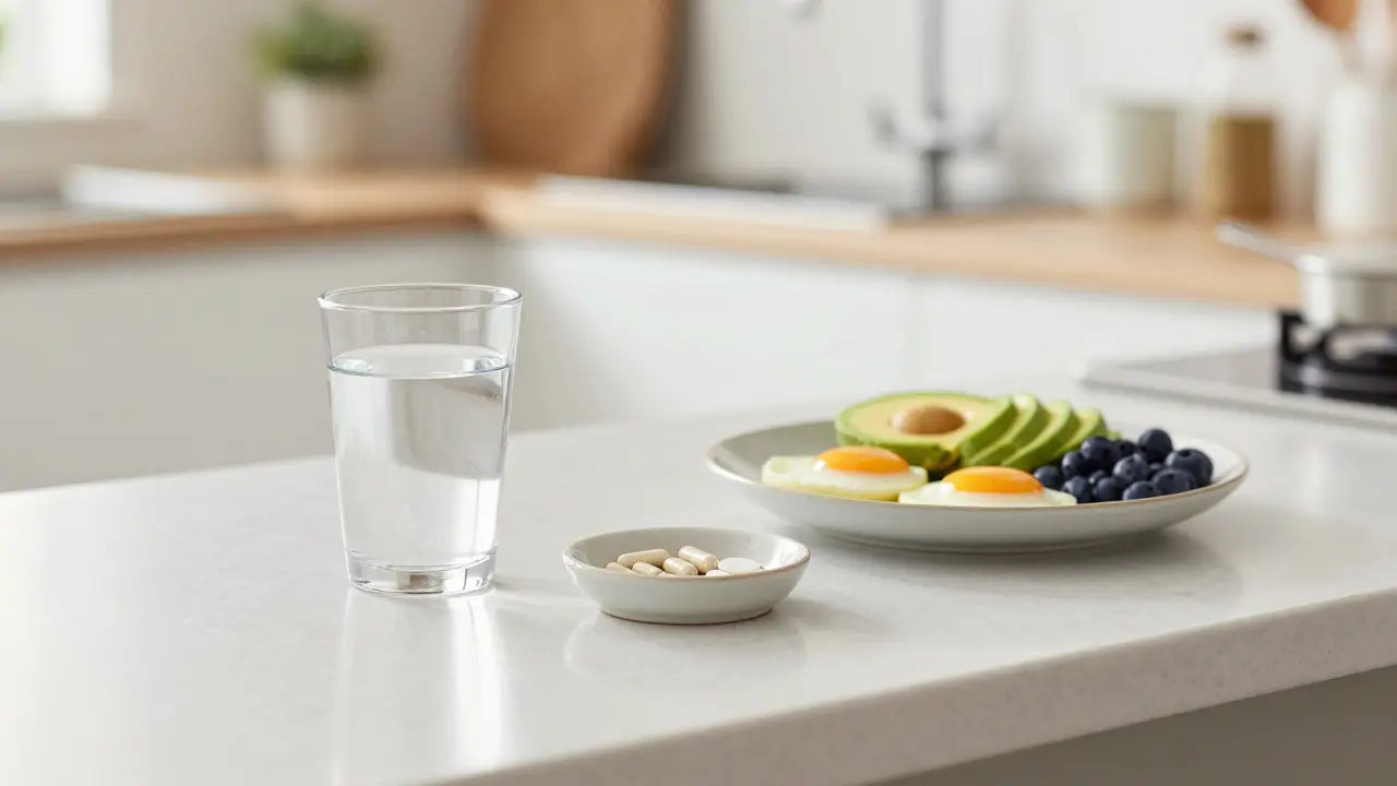 Sklenice vody s vitamíny a zdravá snídaně na kuchyňském pultu při ranním světle