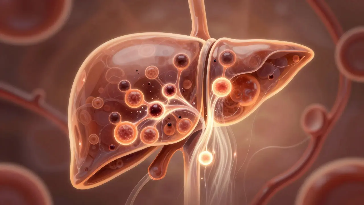 Umělecká vizualizace jater při detoxikaci těla s žárnými hepatocyty