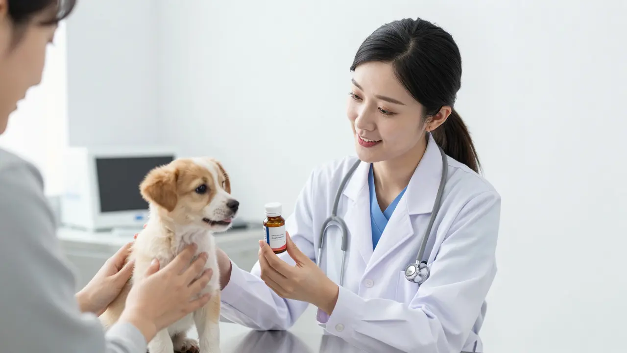 Veterinář konzultuje probiotika s majitelem štěněte