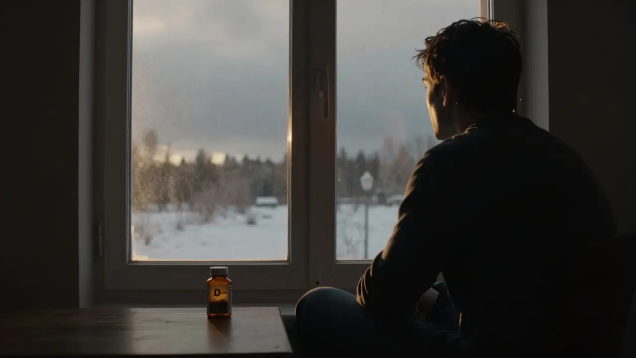 Člověk u okna v zimě s doplňky vitamínu D na stole
