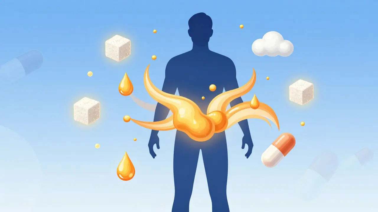 Ilustrace hromadění tuku z cukru a tuků, ne z vitamínů