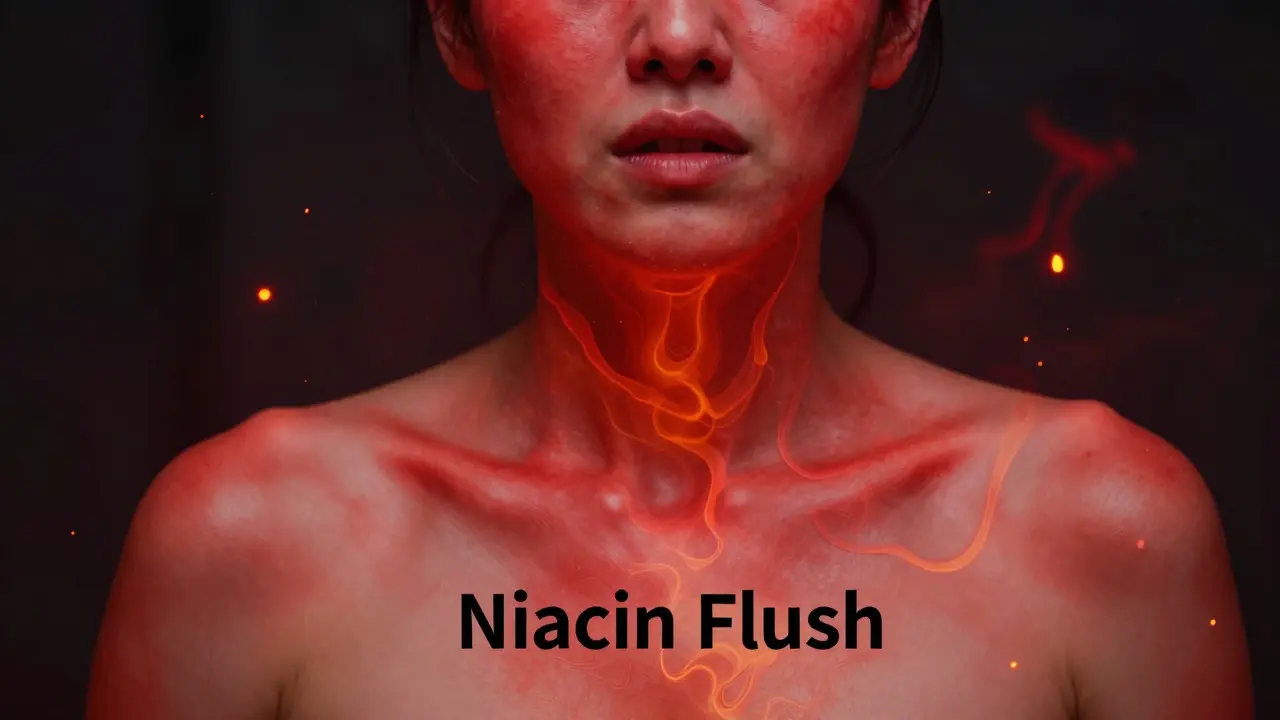 Konceptuální zobrazení zarudnutí kůže při niacin flush efektu