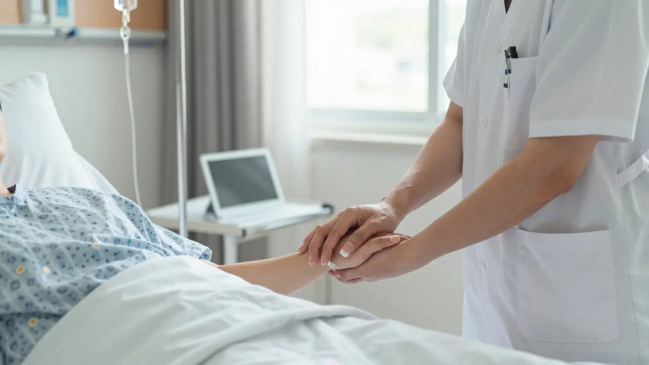 Lékař drží ruku pacienta v nemocničním lůžku u infuze, což znázorňuje bezpečnou lékařskou detoxikaci.