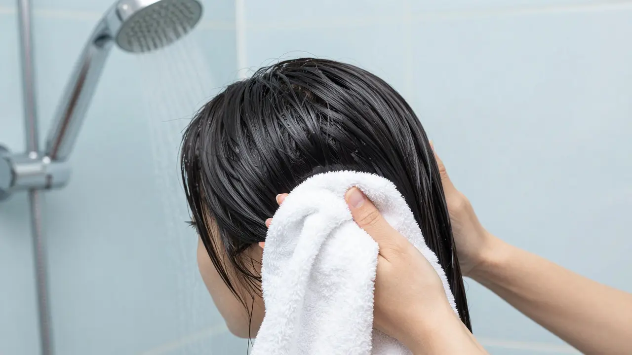 Lesklé, hydratované vlasy jemně vytlačované bavlněným tričkem v klidné koupelně.
