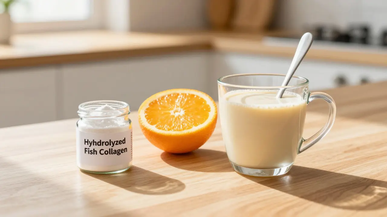 Sklenice smoothie s pomerančem a práškem rybího kolagenu