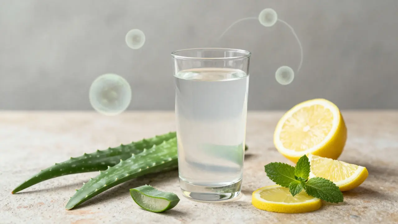 Sklenice šťávy z Aloe vera vedle rostliny a citronu