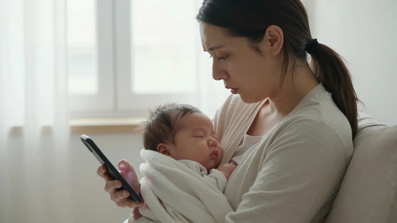 Zatrápený rodič s kojencem volá nouzovou linku na telefonu