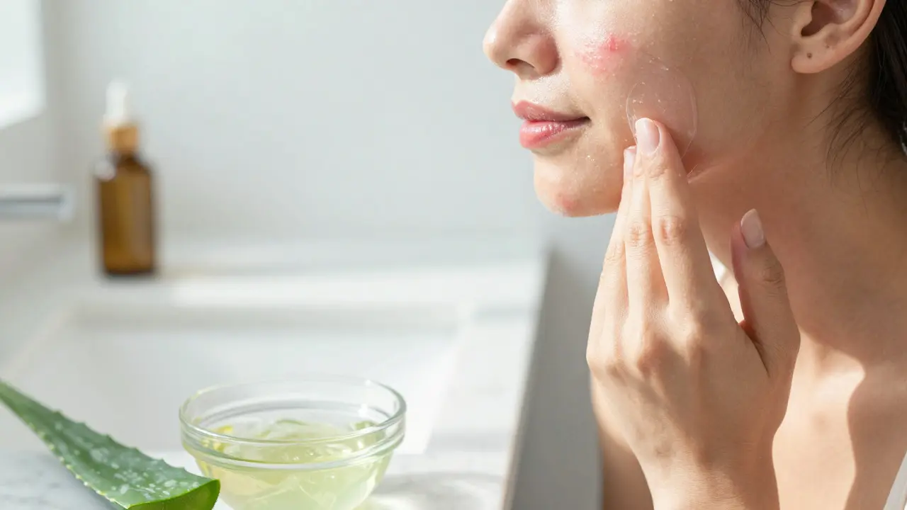 Žena nanáší gel z Aloe vera na pleť v osvětlené koupelně