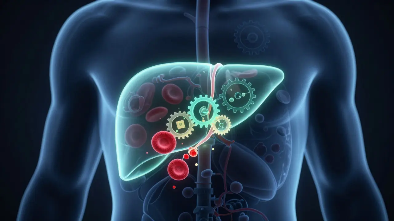 Anatomická ilustrace jater odbourávajících alkohol