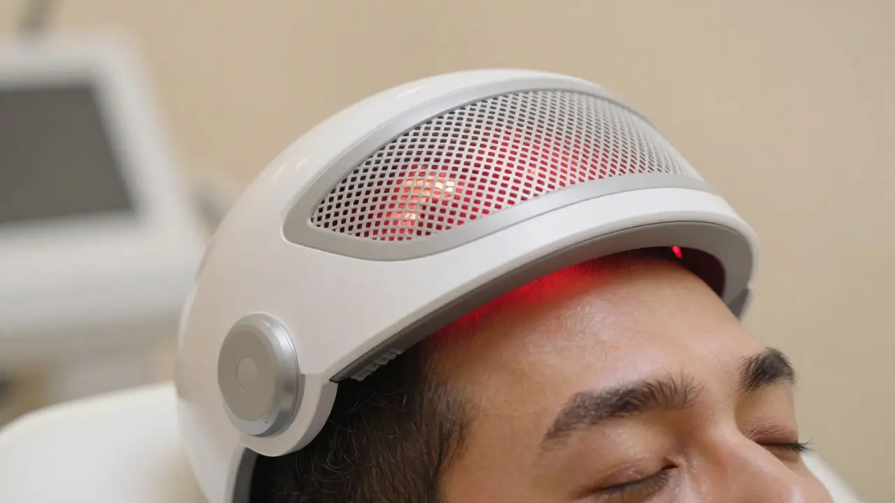 Člověk nosící laserovou čepici s červeným světlem pro regeneraci vlasů
