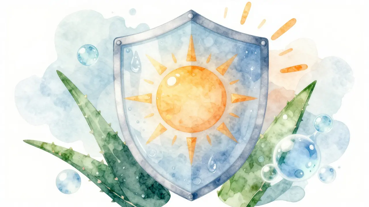Ilustrace ochrany pokožky před sluncem pomocí hydratace a minerálních filtrů