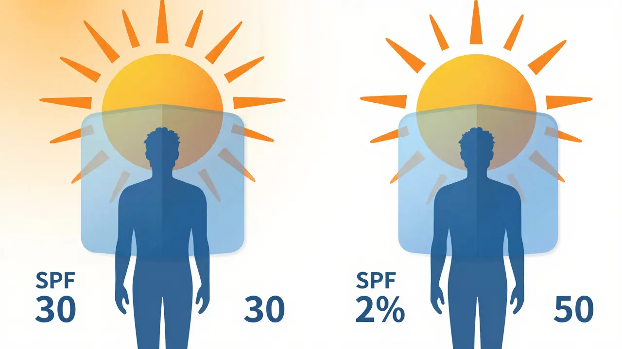 Ilustrace srovnávající blokování UVB záření u SPF 30 a SPF 50