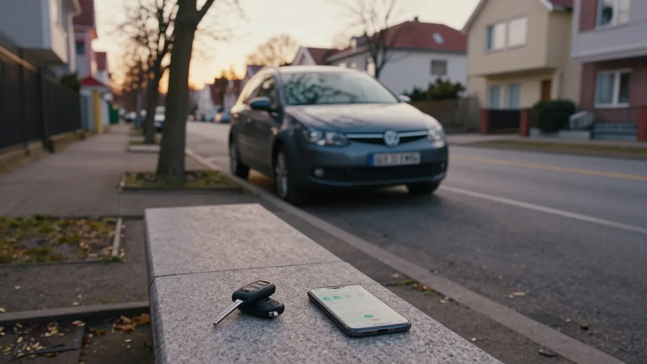Klíče od auta na lavičce před zaparkovaným vozem
