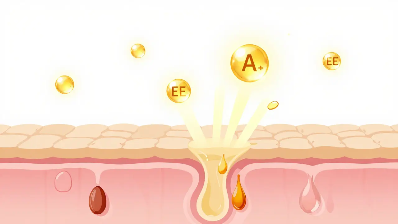 Konceptuální ilustrace vitamínů pronikajících do vrstvy kůže