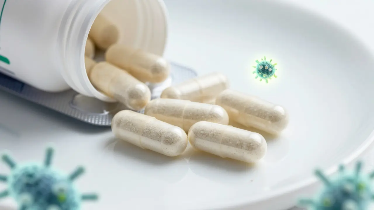 Makro záběr na kapsle probiotik a abstraktní znázornění živých bakterií