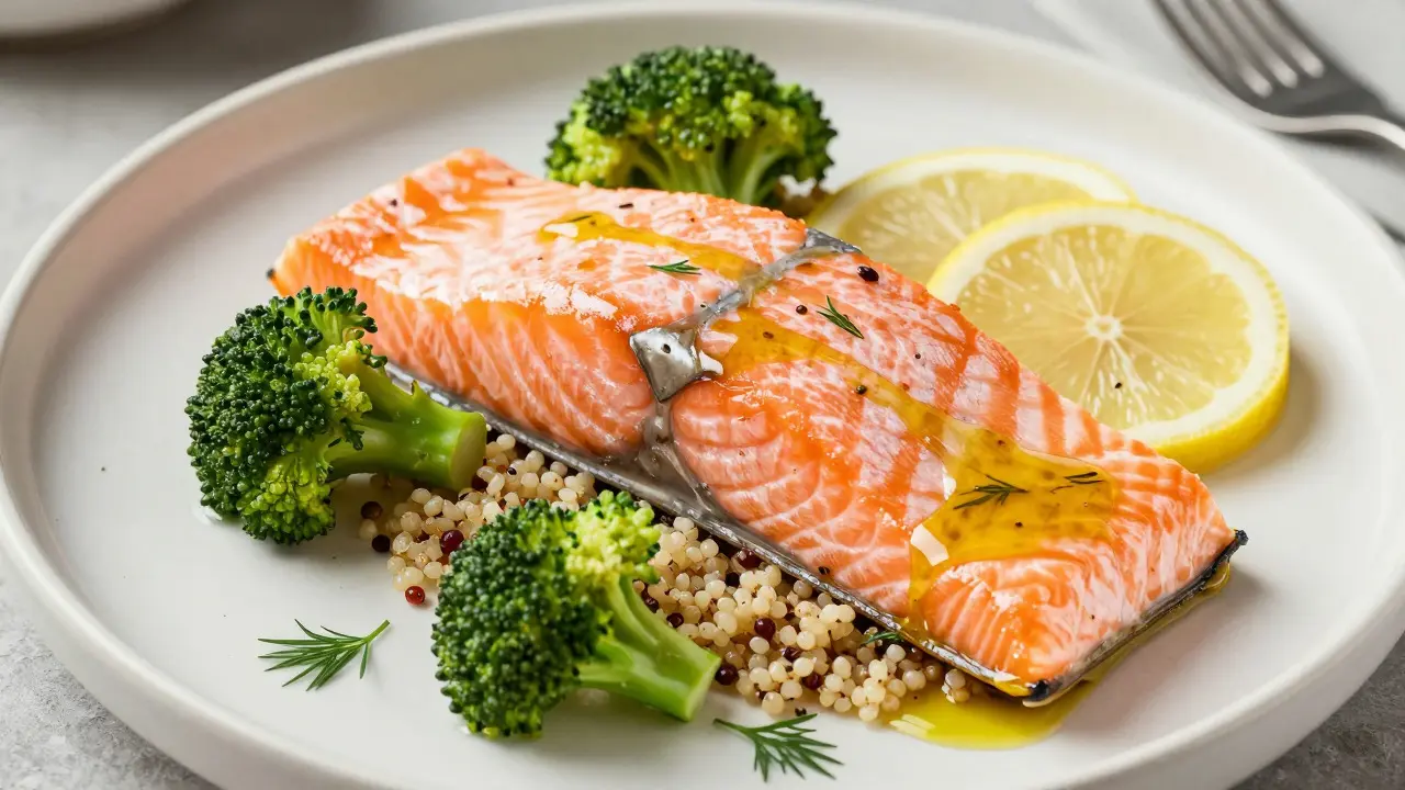 Pečený losos s quinoou a brokolicí pro omega-3 mastné kyseliny