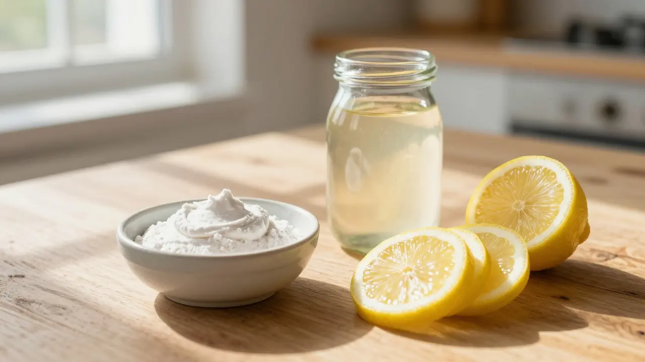 Přírodní suroviny pro bělení nehtů: soda, citron a ocet na stole