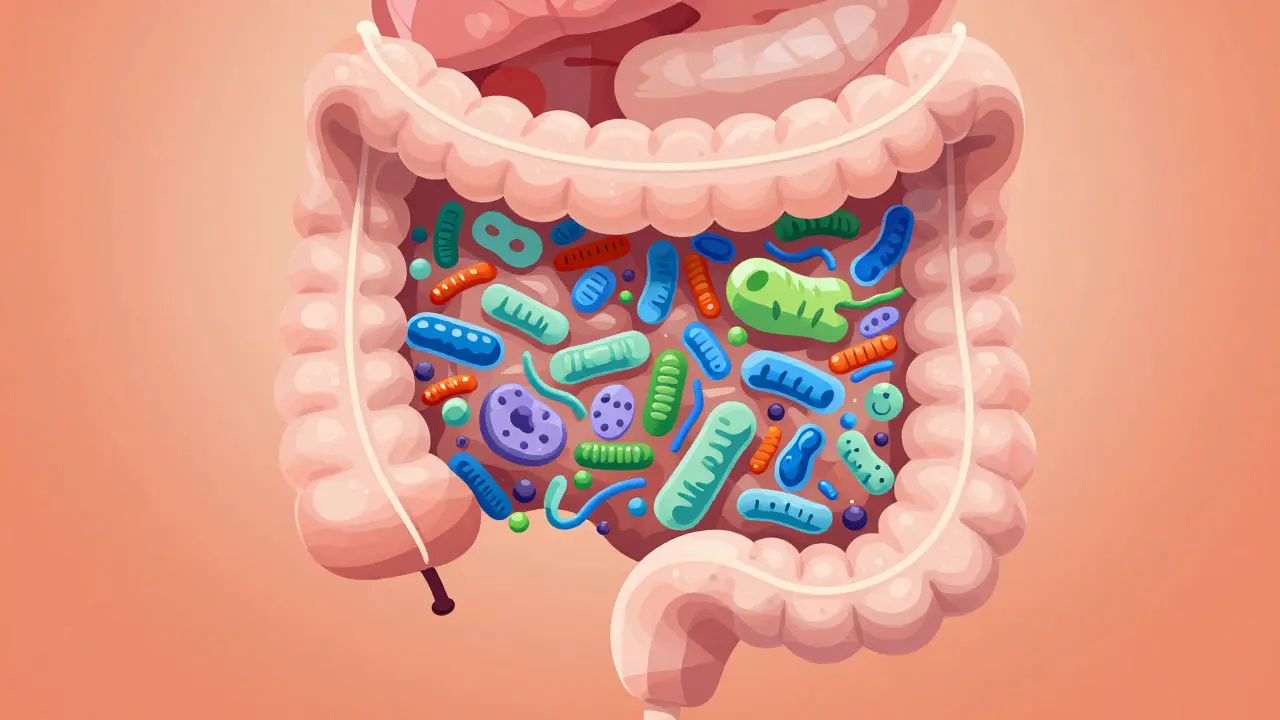 Stylizovaná ilustrace střevního ekosystému s různými kmeny bakterií