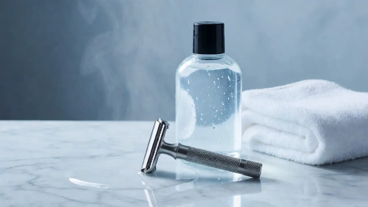 Holicí strojek a holicí gel na mokrém povrchu s párou, symbolizující přípravu na holení.