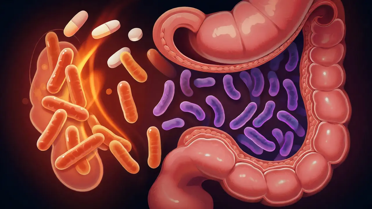 Ilustrace lidského střeva ukazující laktobacily a bifidobakterie po antibiotikách.