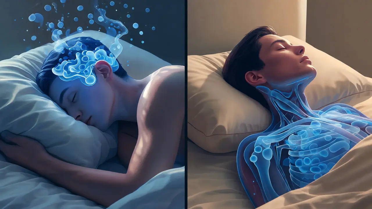Ilustrace spánku na břiše versus na zádech s tokem tekutin v obličeji