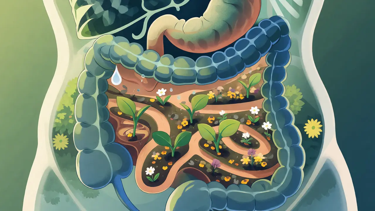 Konceptuální ilustrace obnovy střevní mikroflóry jako zahrady po bouřce.
