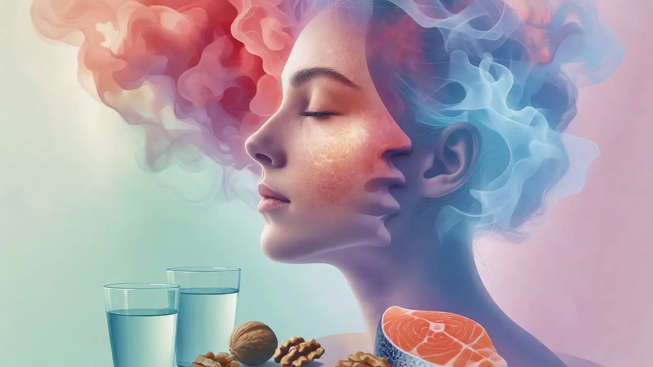 Konceptuální ilustrace propojení stresu, klidu a zdravé pleti