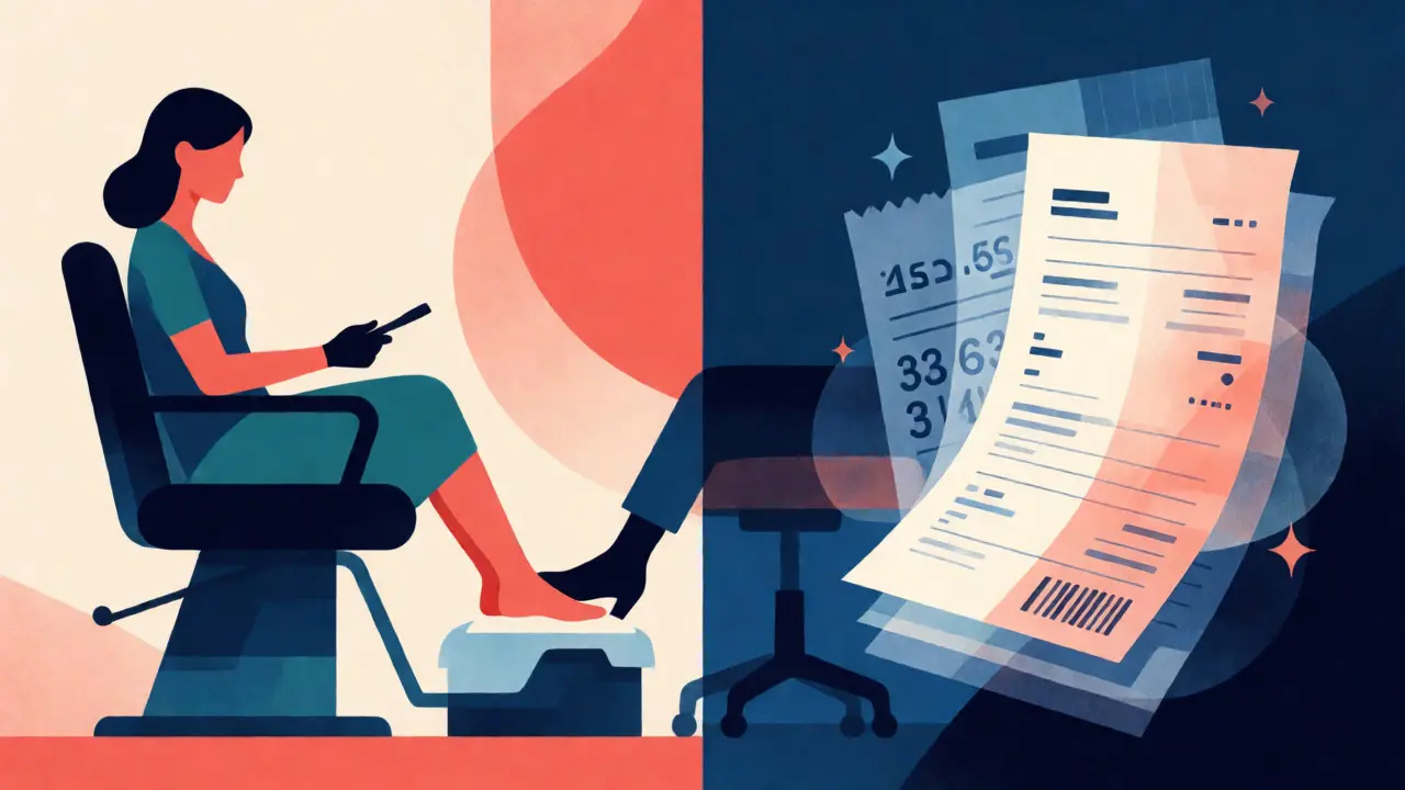 Konceptuální ilustrace propojující práci manikérky s finančními výpočty a náklady na podnikání.