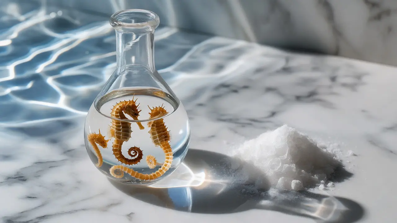 Laboratorní sklenice s mořskými koníky a práškem kolagenu