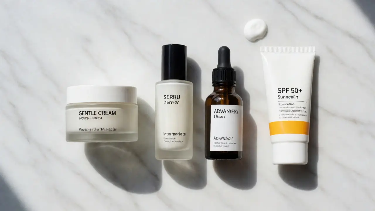 Různé formy produktů s retinolem a opalovací krém položené na mramorovém povrchu