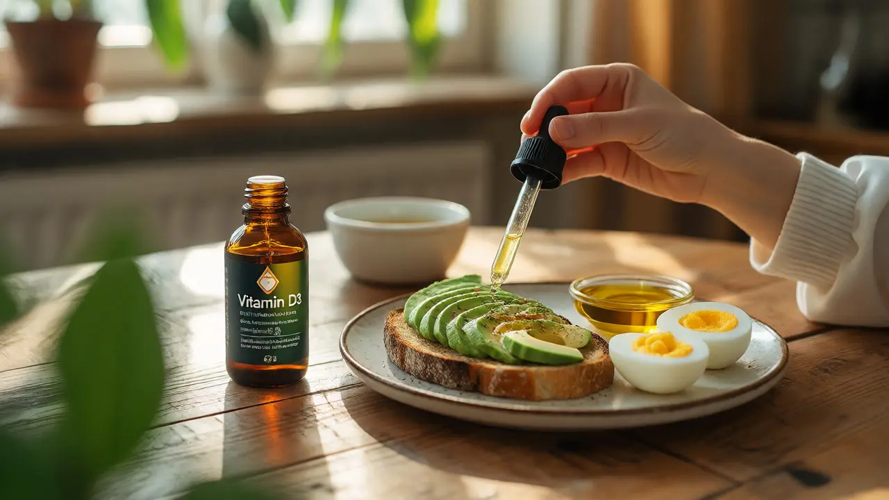 Stolní scéna s kapkami vitamínu D a jídlem bohatým na tuky