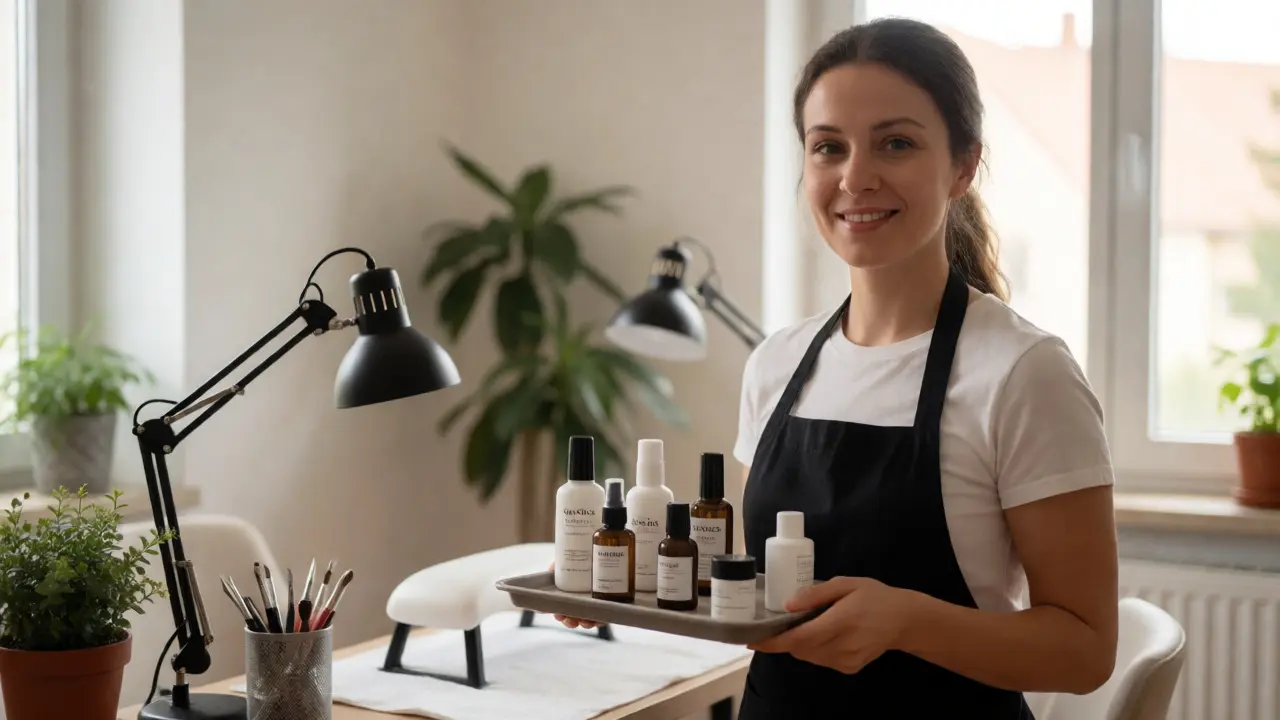 Uspěšná OSVČ manikérka ve svém domovském studiu s produkty pro péči o nehty a přátelským úsměvem.