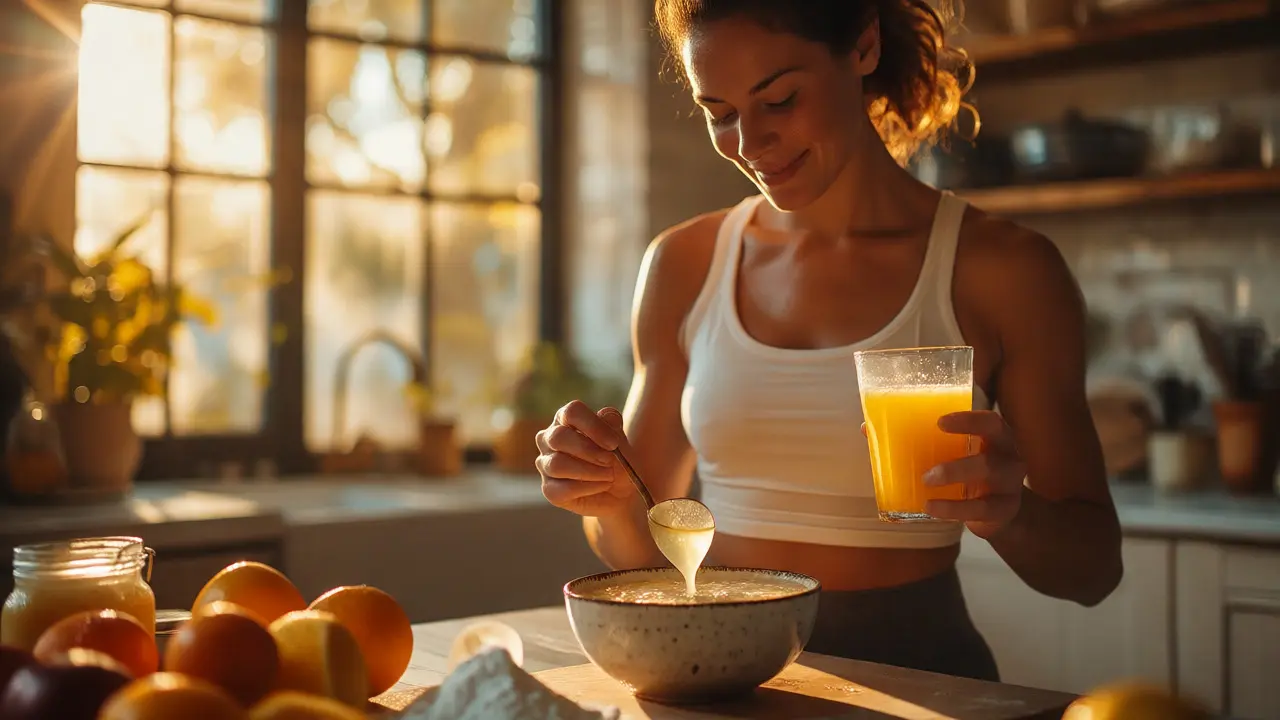 Žena míchá kolagen do smoothie s pomerančovou šťávou