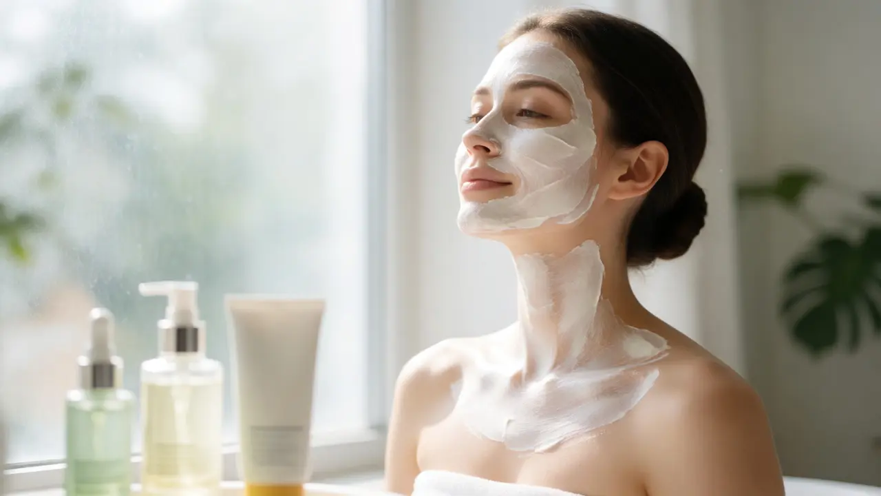 Žena nanáší peeling na krk a dekolt v klidném prostředí
