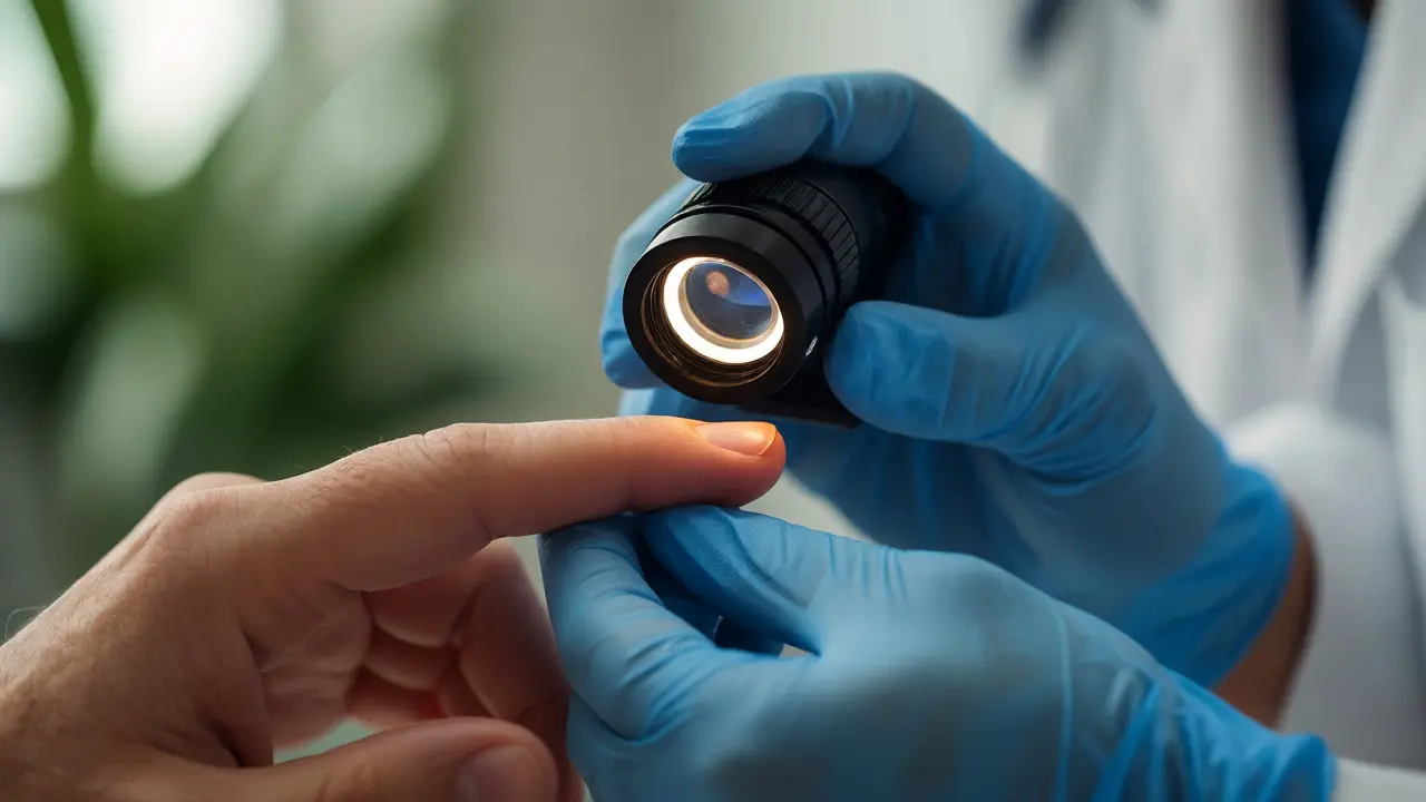 Dermatolog vyšetřuje nehet pomocí dermatoskopu