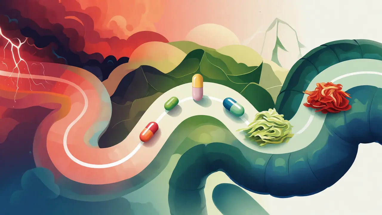 Ilustrace cesty k uzdravení od akutních potíží k dlouhodobé péči o trávení