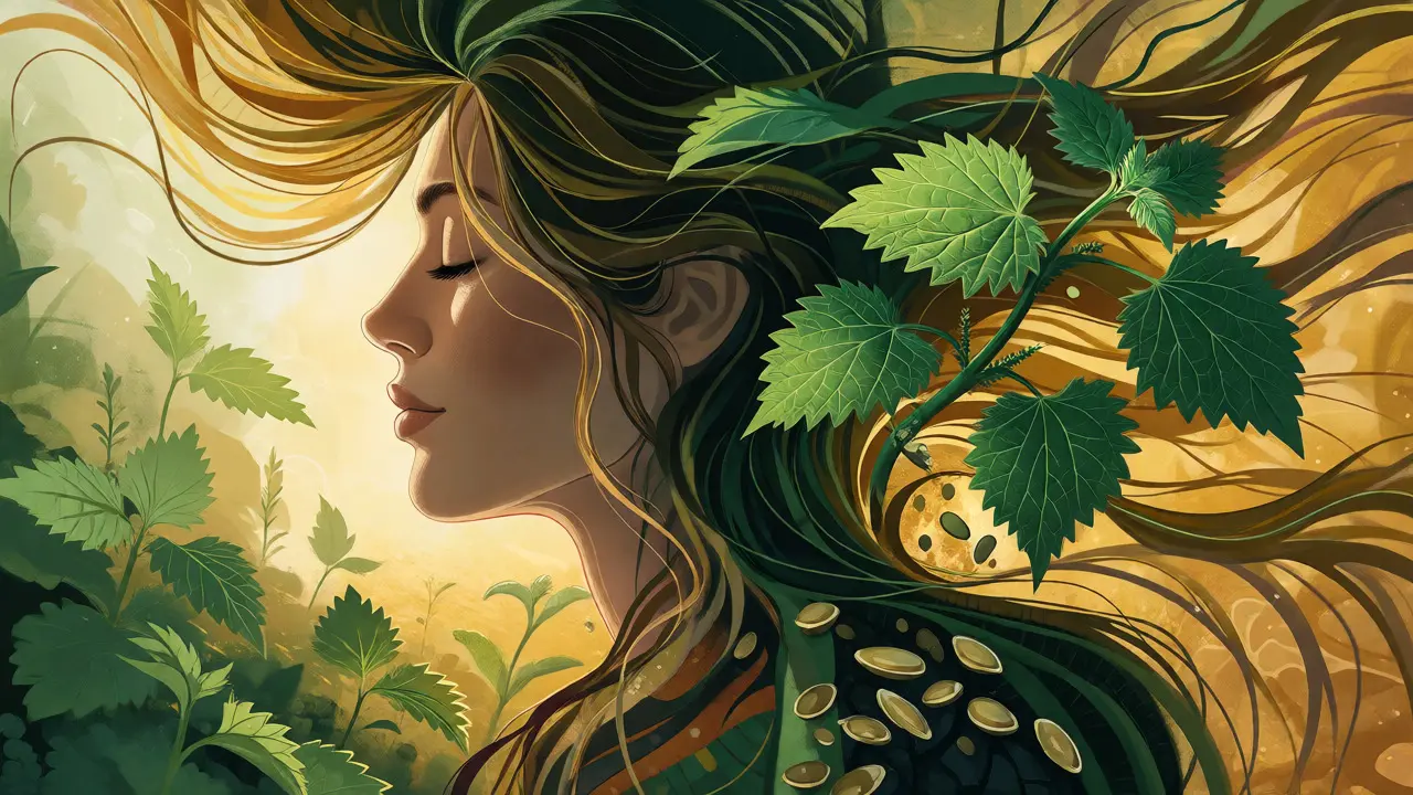 Konceptuální ilustrace vlasů propojených s bylinkami a semínky