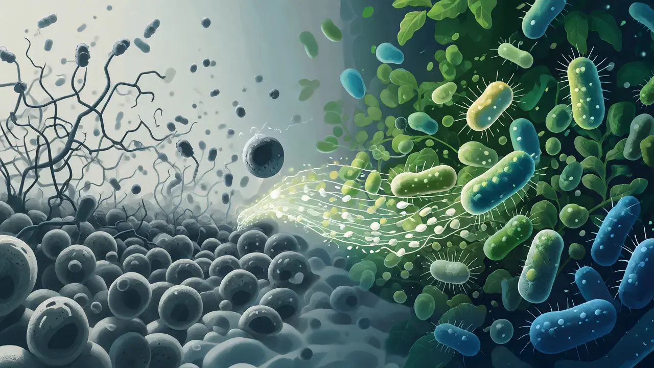 Konceptuální znázornění obnovy střevní flóry po antibiotikách