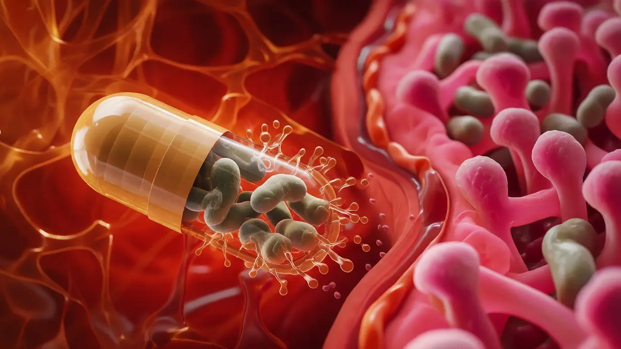 Makro pohled na kapsli probiotik procházející žaludkem do střev