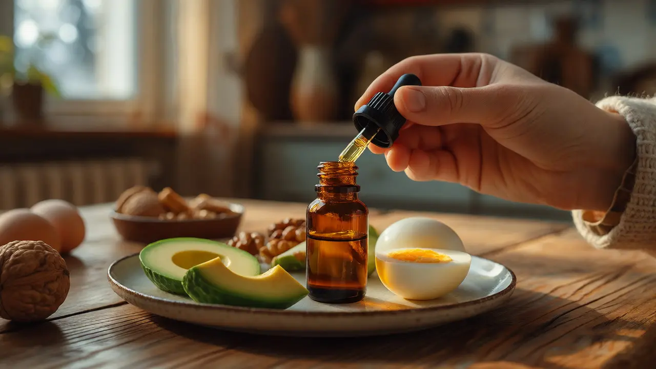 Ruka držící kapátko s vitamínem D nad avokádem a vejci