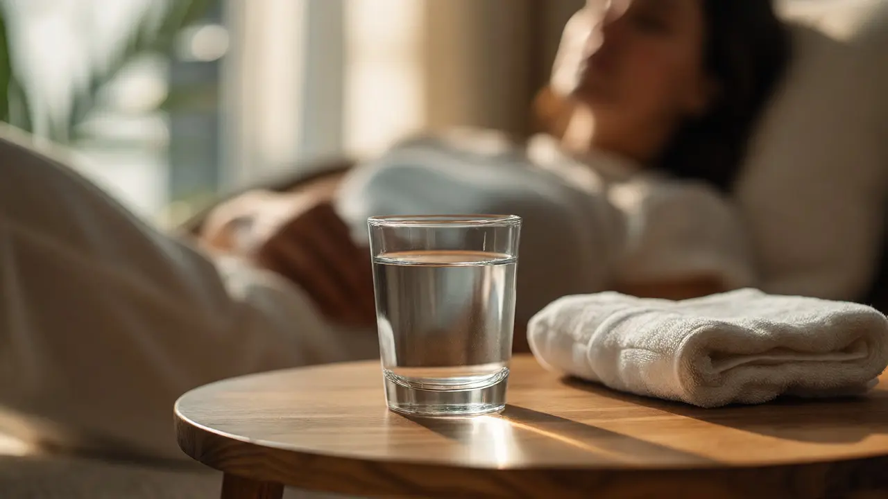 Sklenice vody na nočním stolku jako symbol hydratace po masáži
