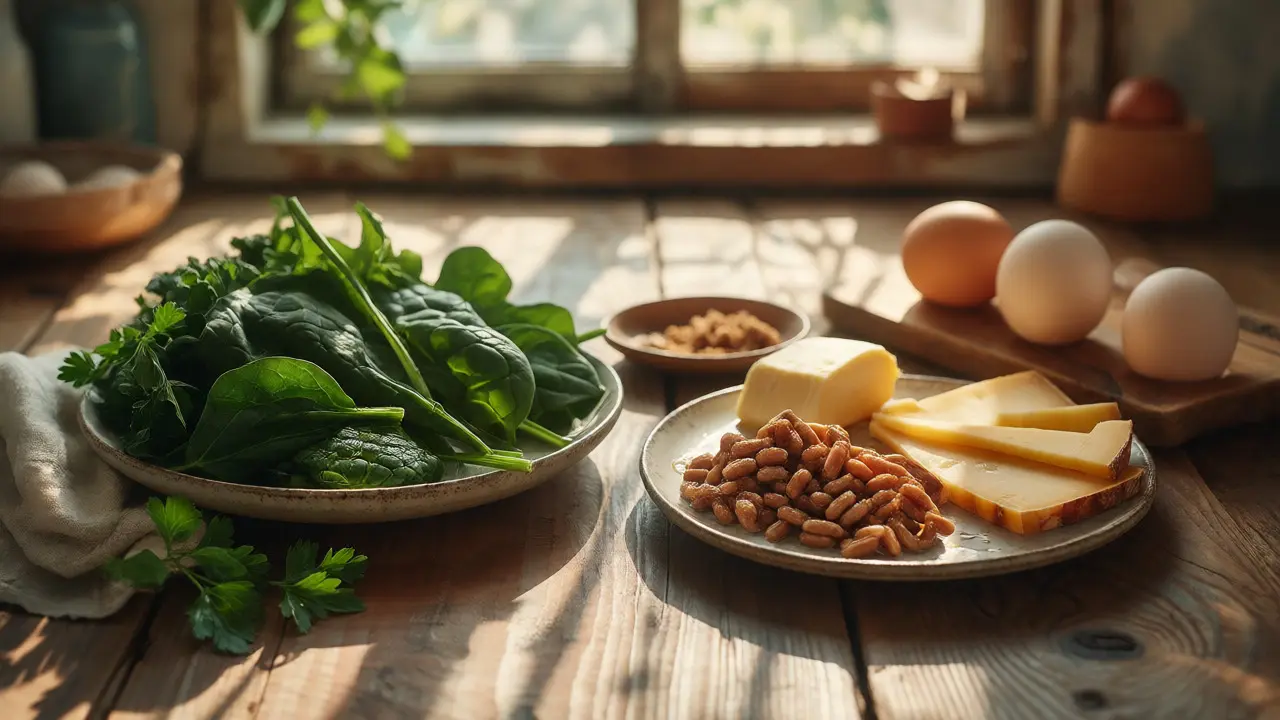Stůl s potravinami bohatými na vitamín K: zelenina, sýry a natto