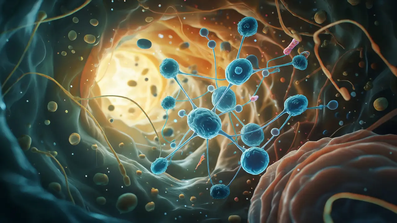 Stylizovaná ilustrace zdravého střevního mikrobiomu s prebiotiky